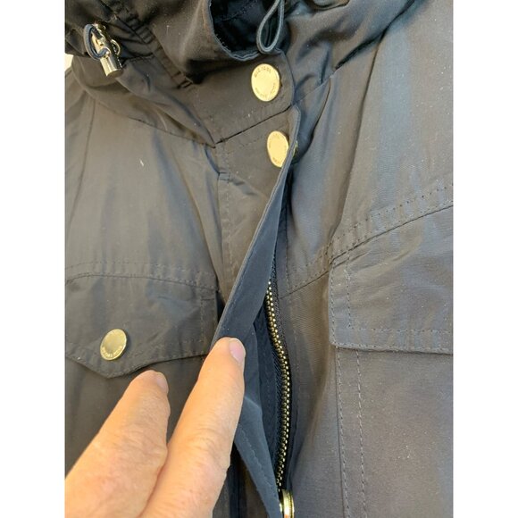 Michael Kors Black Hood Coat L Gold Zip Rain Wind Transition RR10487 Mid EUC - Picture 12 of 16